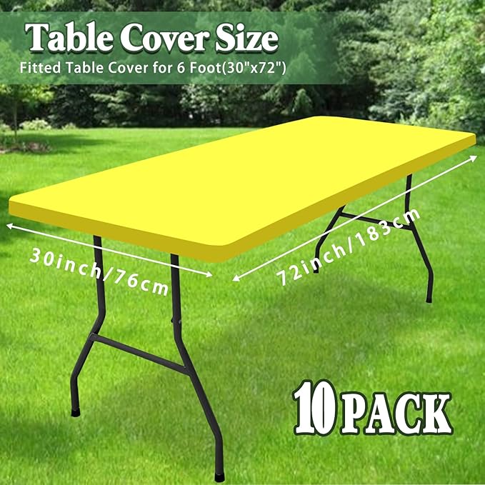 10 Pack Picnic Table Cover Fitted Tablecloths 6 Foot Rectangle Tables Elastic Waterproof Stretch Washable Patio Folding Outdoor Spandex Table Cloth for Camping Banquet and Parties (Yellow,30" x 72")