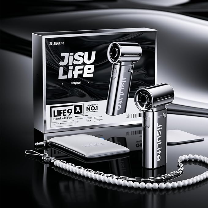JISULIFE Portable Handheld Fan Life9, Turbo Power High Speed Air [18H Max Cooling Time], 5 Gear Wind, 5000mAh Rechargeable, Mini Pocket Design, Personal Fan for Travel Concerts Camping Makeup - Chrome