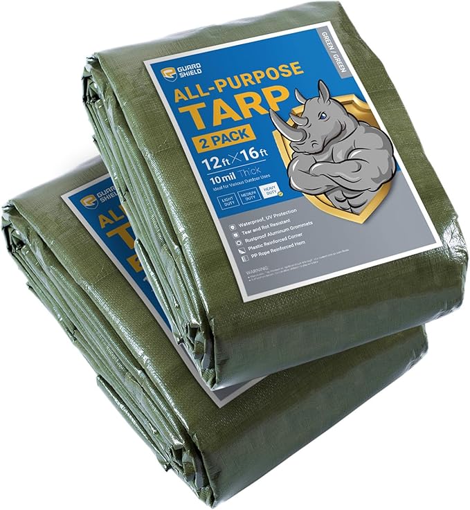 GUARD SHIELD Tarps Heavy Duty Waterproof 12x16 Feet Green Poly Tarp Cover Outdoor Thick UV Resistant Tarpaulin with Grommets 10mil (2-Pack)