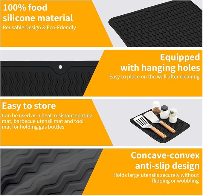 Silicone Grill Mat for Blackstone, Silicone Side Shelf Tool Mat, Outdoor BBQ Spatula Mat, with Drip Pad Kitchen Countertop Heat Resistant Mat, Griddle Accessories (Black)