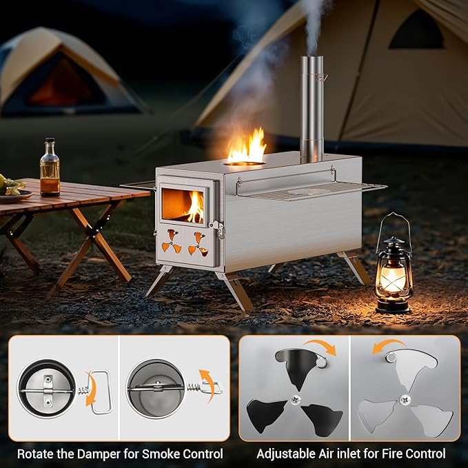 Wood Burning Sauna Hot Tent Stove, 2 in 1 Tent Wood Burning Stove with Chimney Pipe for Outdoor Camping Heating