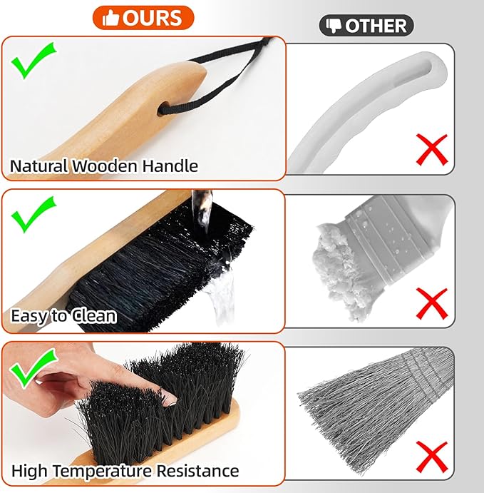 Fireplace Ash Shovel and Brush Set, Coal Shovel and Hearth Brush Set, Fireplace Tools Set Indoor Outdoor Rust Resistant Made of Natural Wood & Coco Bristles for Easy Cleaning