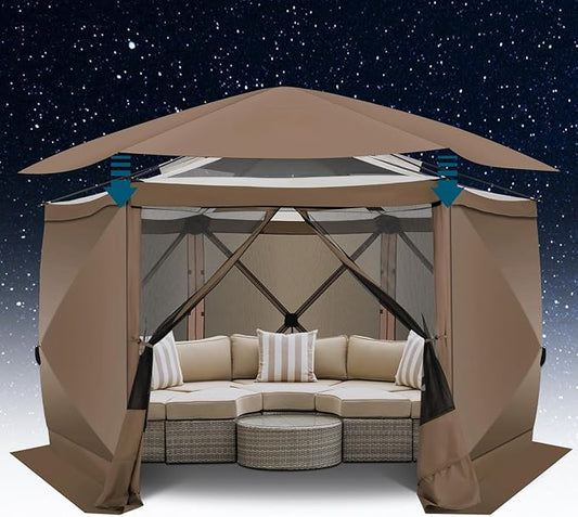 COBlZl 12x12 pop up Gazebo on Clearance Screen Canopy Tent for Camping,Outdoor Instant Stargazing Gazebo,Portable Hub Tent with Removable Sidewalls,Pavilion for Backyard,Brown