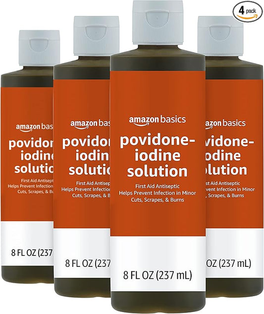 Amazon Basics First Aid Antiseptic, 10% Povidone Iodine Solution, 8 Fl Oz, Pack of 4
