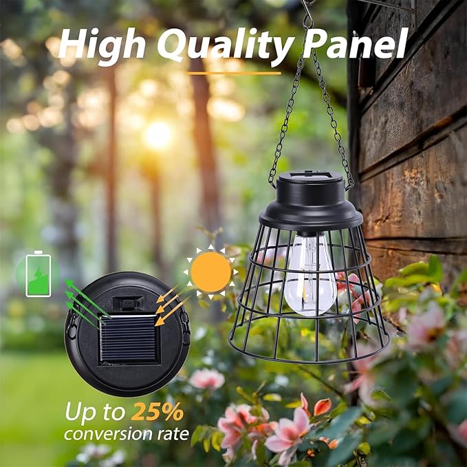2 Pack Solar Lanterns Outdoor Waterproof , Metal Cage Design with Replaceable LED Bulb, Waterproof Vintage Decorative Light for Patio, Garden, and Yard (5.9" x 6.1", Black)