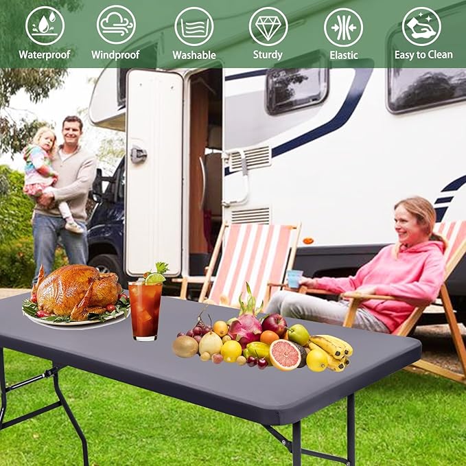 10 Pack Picnic Table Cover Outdoor Elastic Fitted Tablecloths for 8 Foot Rectangle Tables Waterproof Stretch Washable Patio Folding Spandex Table Cloth Camping Banquet Parties (Light Grey,30" x 96")