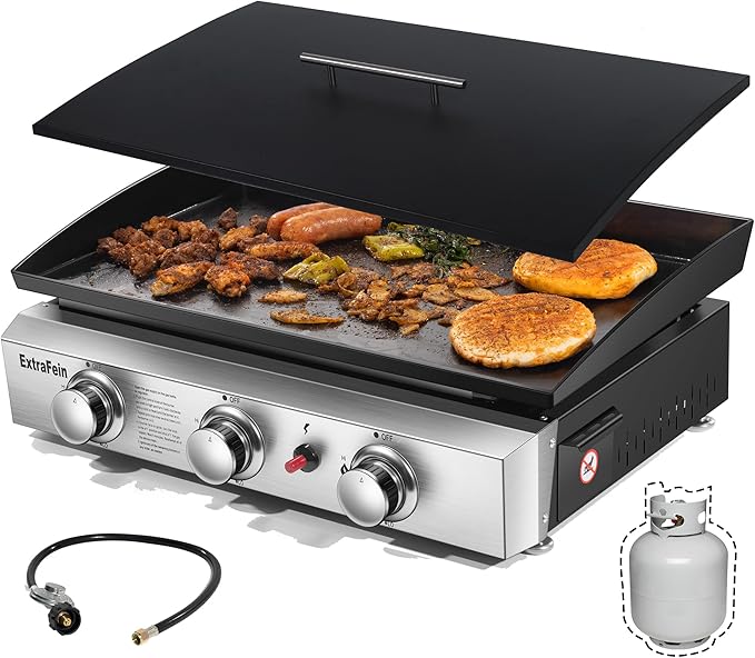 Gas Griddle Flat Top 24 Inch, 3 Burner, 30000 BTU, Stainless Steel Tabletop Grill with Lid and Iron Pan, Portable Griddle Propane for Kitchen, Camping, Outdoor, Tailgating, Barbecue
