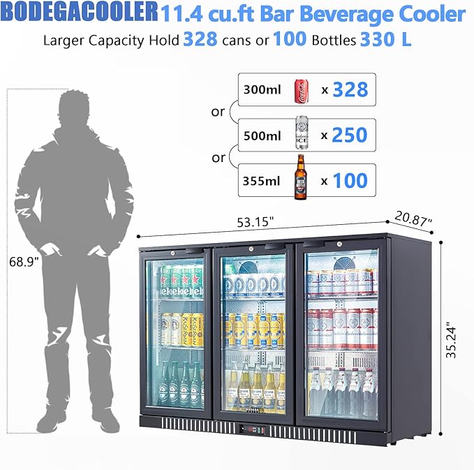 BODEGACOOLER Back Bar Cooler With 3 Glass Doors 11.4 cu.ft, 21 Inch Counter Height Commercial Beverage Refrigerator with LED Lighting,Display Beverage Cooler for Beer,Soda Drinks,Wine