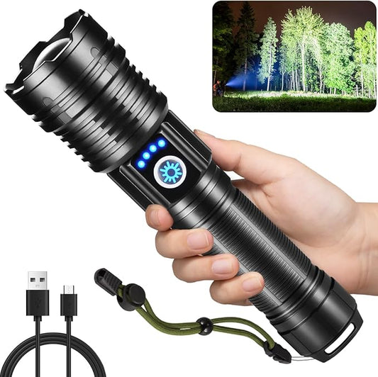 Flashlights High Lumens Rechargeable, Super Bright Flashlight, Adjustable Tactical Flashlight, 5Mode Flash Light High Powered, Waterproof LED Flashlight for Camping, Hiking, Home, Emergencies