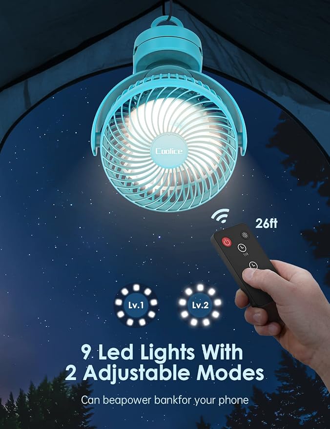 Camping Fan with Remote Control - 12000mAh Rechargeable Battery Powered Fan, Camping Fans for Tents with LED light & Hanging Hook, Rechargeable Battery Operated Ceiling Fans for Tent RV Bed, Blue