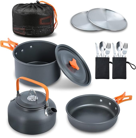 LIXADA 16pcs Camping Cookware Mess Kit, Non-Stick Lightweight Pot Pan Kettle Set with Stainless Steel Plates Forks Knives Spoons, Portable Camping Cooking Set for Outdoor Backpacking Hiking Picnic