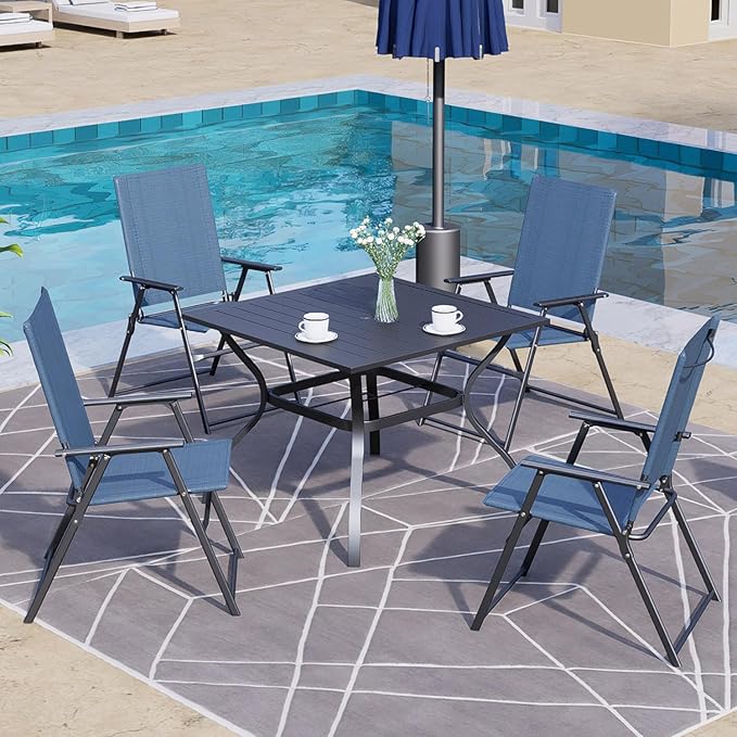 4 Pcs Patio Dining Chairs with Armrests Folding Outdoor Chairs Used for Camping Garden Backyard Pool Porch - Lightweight Blue Sling High Back
