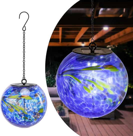 Solar Hanging Lanterns Outdoor Solar Glaze Glass Lantern Globe Hanging Outdoor Lights for Garden Yard Home Decoration Blue