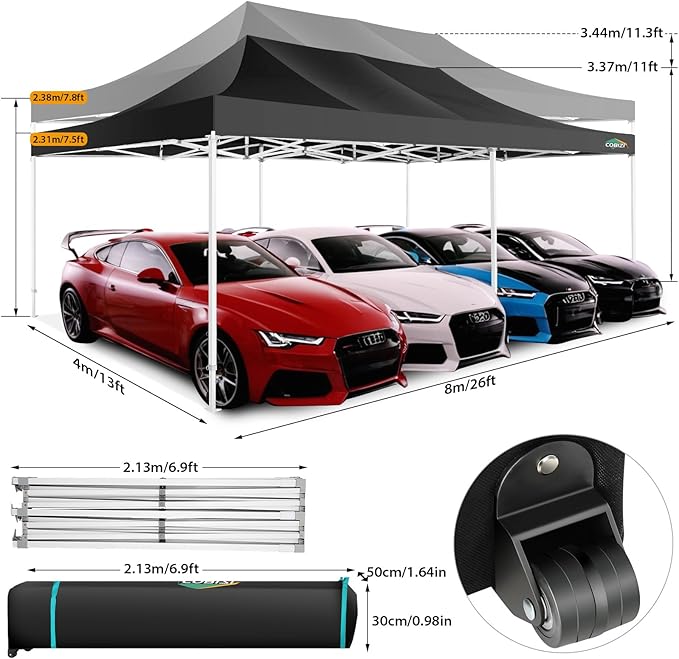 COBIZI 13x26 Pop up Canopy Tent 13x26 Canopy with 6 Sidewalls Waterproof Heavy Duty Commercial Canopy Tent for Parties Outdoor Tent Garden Gazebo Tent, Carry Bag with Wheel(13x26ft, Black)