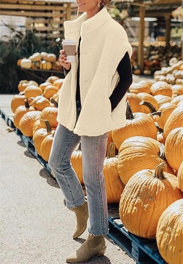 Hongqizo Womens Fuzzy Fleece Vest Casual Oversized Warm Button Down Sherpa Vest Jacket with Pockets