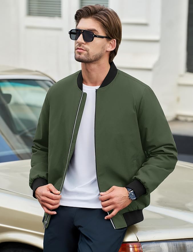 Cotrasen Men's Bomber Jacket Full Zip Windbreaker Warm Winter Windproof Casual Outwear Padded Lined Coats