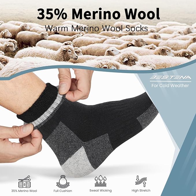 BESTENA Merino Wool Hiking Socks for Men 5 Pairs Thermal Warm Winter Thick Cushion Moisture Wicking Crew Boot Socks