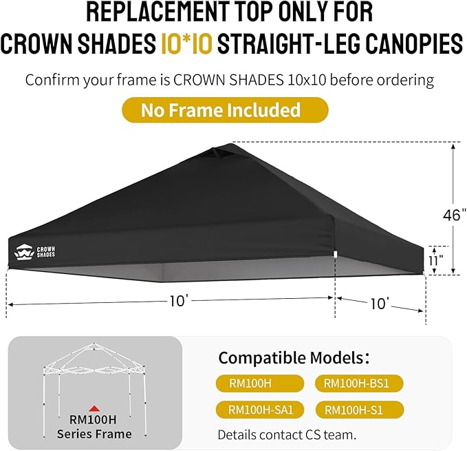 CROWN SHADES 10x10 Canopy Replacement Top - Only Compatible with Crown Shades RM100H Series, Silver Coated with Air Vent, Black (Top Only)