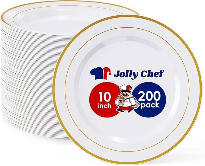 JOLLY CHEF 200 Pieces Gold Plastic Plates, 10 Inch Elegan Disposable Plates White Plate with Gold Rim,Plastic Plates for Dinner、Birthdays and Weddings