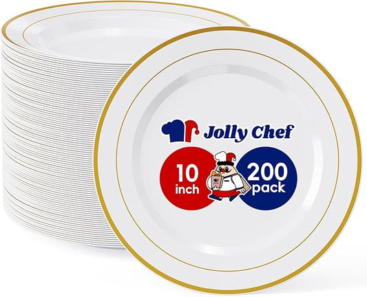 JOLLY CHEF 200 Pieces Gold Plastic Plates, 10 Inch Elegan Disposable Plates White Plate with Gold Rim,Plastic Plates for Dinner、Birthdays and Weddings