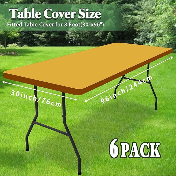 6 Pack 8 Foot Picnic Table Cover Fitted Outdoor Tablecloth for Rectangle Tables Elastic Waterproof Stretch Washable Patio Folding Spandex Table Cloth for Camping Banquet Parties (Mustard,30" x 96")