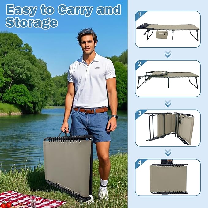 Folding Lounge Chair Outdoor with Insulated Cooler Bag Portable for Outside Patio Chaise Lounge Chair 5-Position with Pillow for Beach Sunbathing Pool Camping Lawn