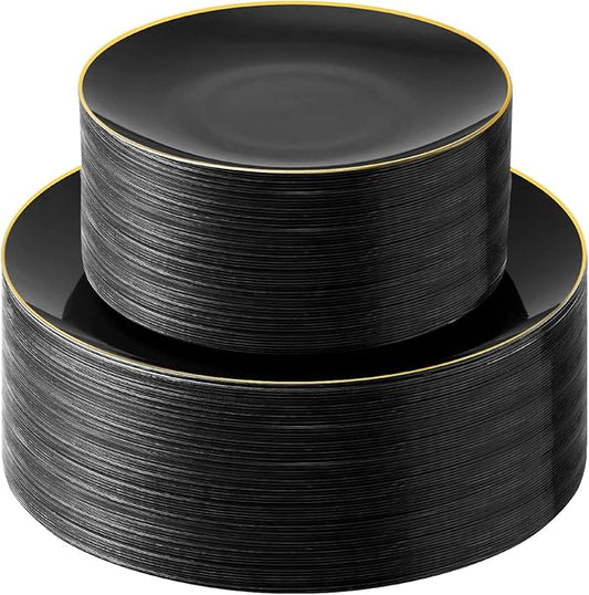 100PCS Black Plastic Plates with Gold Rim, Black Gold Disposable Plates for Party, Graduation and Wedding, Include 50 Dinner Plates, 50 Dessert Plates for 50 Guests