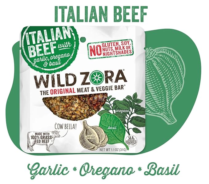 Wild Zora Meat and Veggie Bars, Italian Beef, 10-Pack, 100% Grass Fed Meat, Healthy Paleo Snacks with Veggies, Gluten Free, Soy-Free, High Protein, No Added Sweetener, Garlic, Oregano, Basil