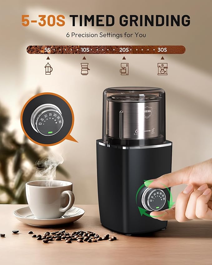 Hands-Free Blade Coffee Grinder, Cordless Coffee Mill with 5-30S Adjustable Grinding, Triple-Lock Safety & 1500mAh Rechargeable Battery with Removable Bowl, Portable for Camping, Travel, etc.