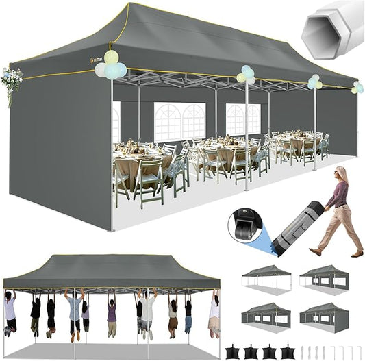 HOTEEL Tents for Parties 10x30 Heavy Duty Pop Up Canopy Tent with 5 Sidewalls&Wheeled Bag, Commercial Event Party Tent Wedding Instant Canopy Waterproof, UV 50+, Upgraded Thicked Hexagonal Legs, Gray