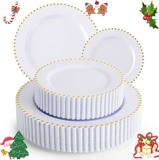 EI 60pcs White Plastic Plates with Gold Rim,Heavy Duty Plastic Plates Disposable,White and Gold Plate for Party,Wedding,Birthday,Thanksgiving,Christmas,New Year