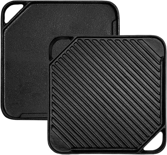 Cast Iron Reversible Grill/Griddle, 10.5-Inch Double Handled Cast Iron Stovetop Grill/Griddle