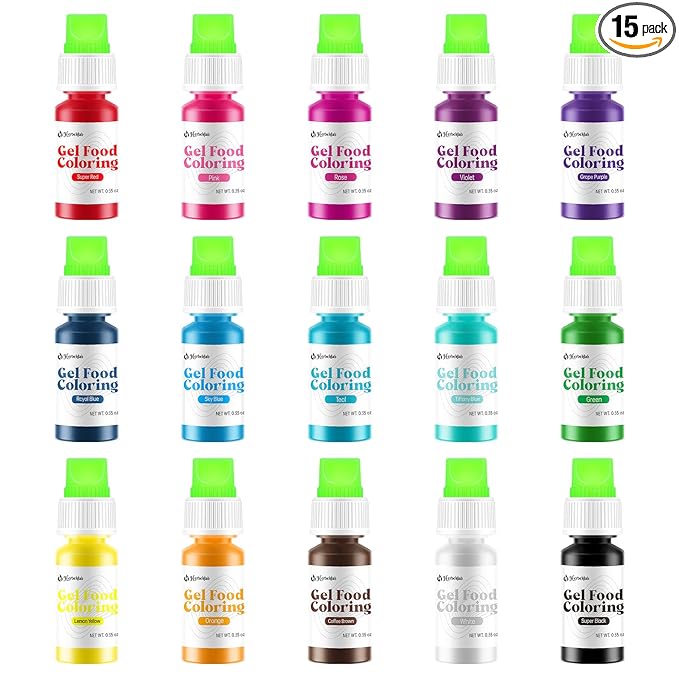 Gel Food Coloring 15 Colors x 0.35 oz Concentrated Gel Based Food Dye Vibrant Icing Colors Neon Edible Food Color for Icing Baking Cake Decorating Cookies Slime, 10g / Bottle