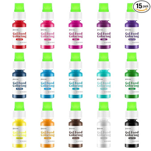 Gel Food Coloring 15 Colors x 0.35 oz Concentrated Gel Based Food Dye Vibrant Icing Colors Neon Edible Food Color for Icing Baking Cake Decorating Cookies Slime, 10g / Bottle