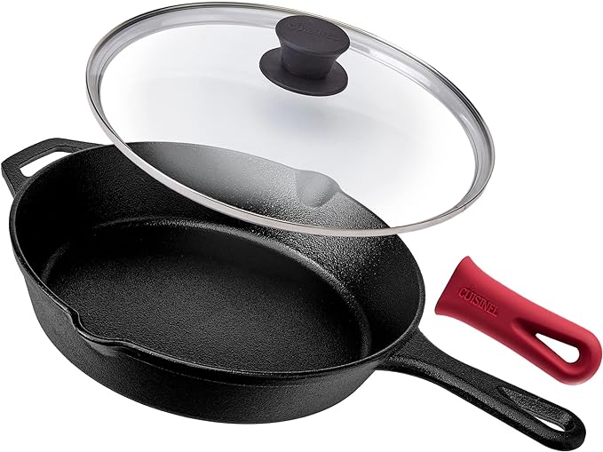 Cuisinel Pre-Seasoned Cast Iron Skillet (10-Inch) with Glass Lid and Handle Cover Oven Safe Cookware - Heat-Resistant Holder - Indoor and Outdoor Use - Grill, Stovetop, Induction Safe