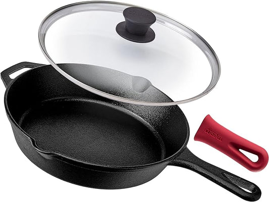 Cuisinel Pre-Seasoned Cast Iron Skillet (10-Inch) with Glass Lid and Handle Cover Oven Safe Cookware - Heat-Resistant Holder - Indoor and Outdoor Use - Grill, Stovetop, Induction Safe