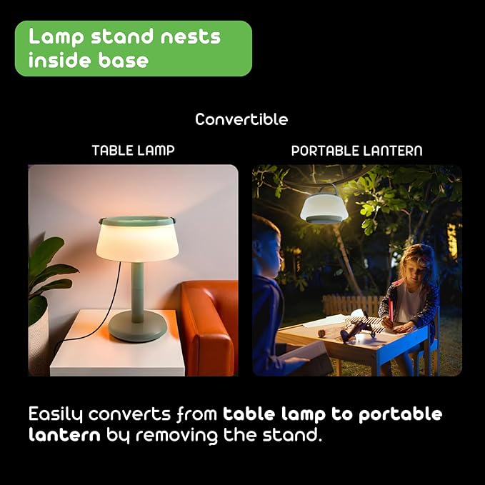 2-in-1 Portable Solar Power LED Table Lamp & Lantern - Indoor/Outdoor - Stepless Dimming - Rechargeable Battery - 330 lumens, 2700K - IP44 Weather Resistant - Green