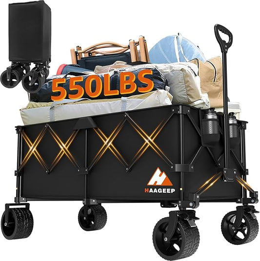 Collapsible Wagon Cart with Wheels - Foldable Wagons300L Heavy Duty-550lbs, Beach Wagon with Big Wheels for Sand Folding Utility Wagons Carts for Sports Shopping Camping