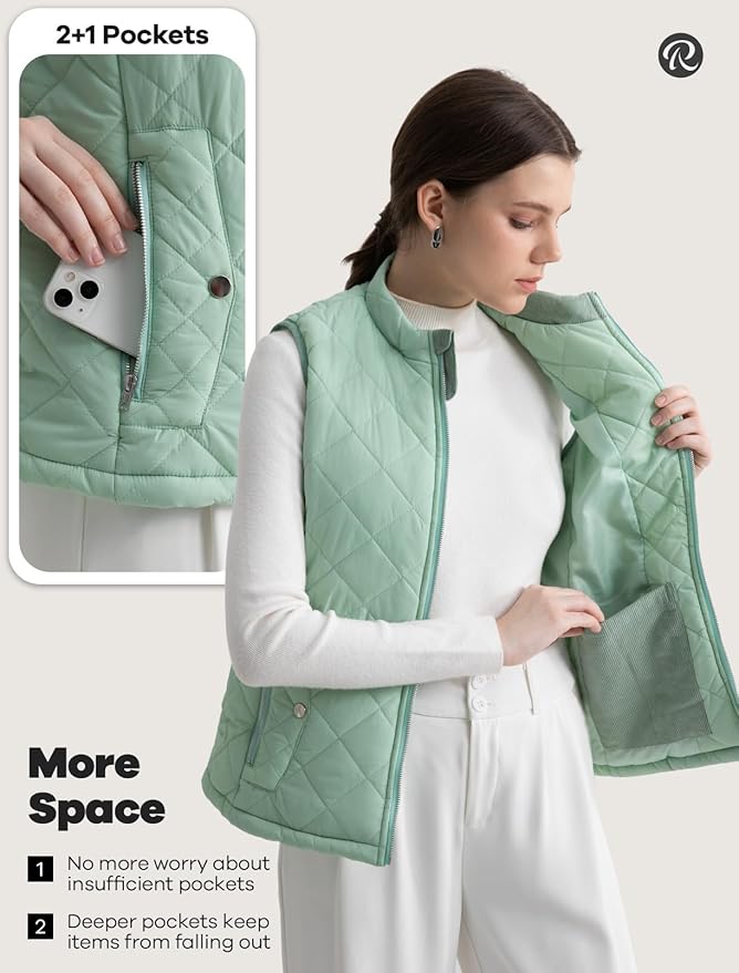 Women's Vest, Quilted Puffer Water-Resistant Zip With Pockets