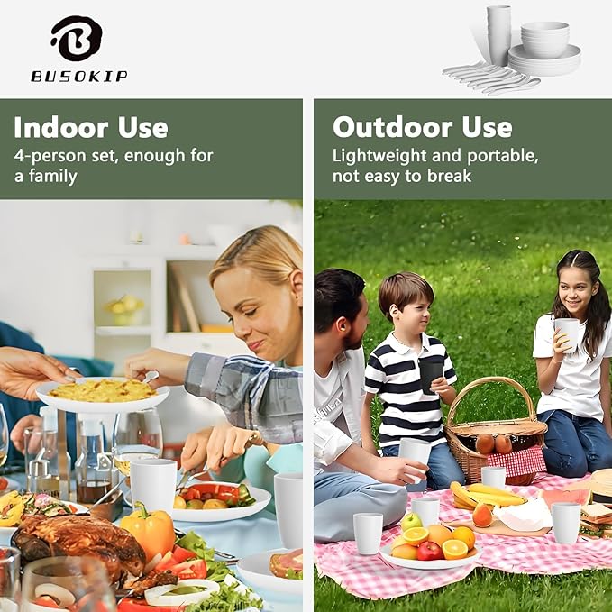 Wheat Straw Dinnerware Sets | Microwave and Dishwasher Safe Dishes Sets for 4 | Unbreakable Kids Plates and Bowls Set, Plastic Plates Reusable, Camping Dishes for Kitchen, PV, Dinner (White)