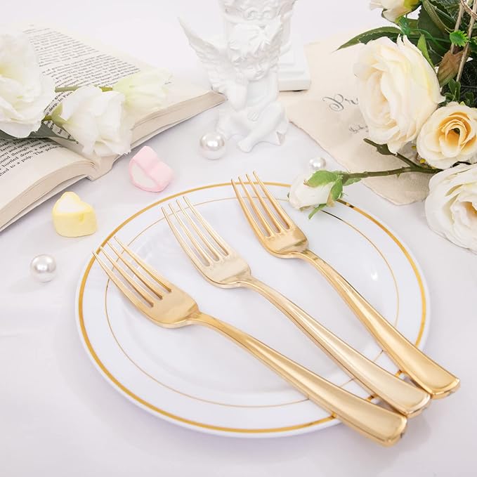 Nervure 204PCS Gold Dessert Plates with Forks - 102PCS 7.5inch Disposable Gold Plastic Plates and 102PCS Plastic Forks Perfect for Salads, Desserts, Parties, Catering, Christmas & Party & Father's Day