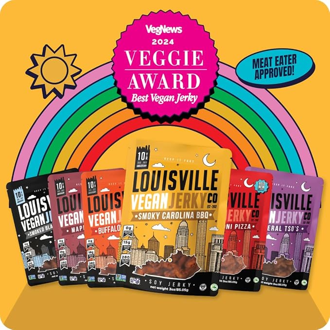 Louisville Vegan Jerky, Variety Pack – 3 Pack Includes Smoky Carolina BBQ, Smoked Black Pepper, General Tso - Non-GMO Soy Protein – Gluten-Free Ingredients, High Protein Vegan and Vegetarian Meat Jerky Snacks (3 oz, 3-Pack)