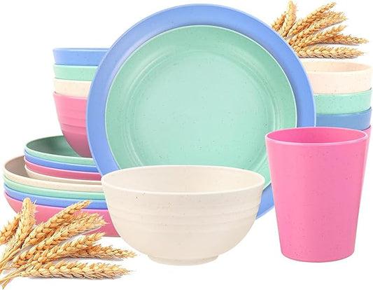 Supernal Plastic Plates Reusable Unbreakable Wheat Straw Dinnerware Set, 16Pcs Plates and Bowls Sets, Vajillas Modernas Para 4 Personas, Camping Dishes, Apartment Essentials(Beige, Blue, Green, Pink)
