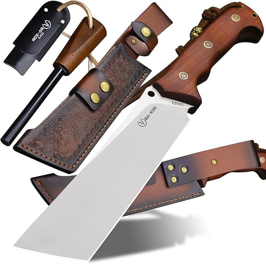 BA-KOR 14-inch full Tang 8mm thick DC53 steel-wood handle brass rivet reinforced one-piece knife + leather sheath - hunting, camping, survival, slicing, bone-cutting knife EDC, BBQ