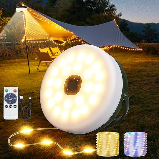 Camping String Lights with Remote Control, 4 in 1 Portable Camping Light Rechargeable, 14 Lighting Modes, USB Charging, Quick Storage, 32.8ft Waterproof Tent Light for Hiking, Yard, Christmas