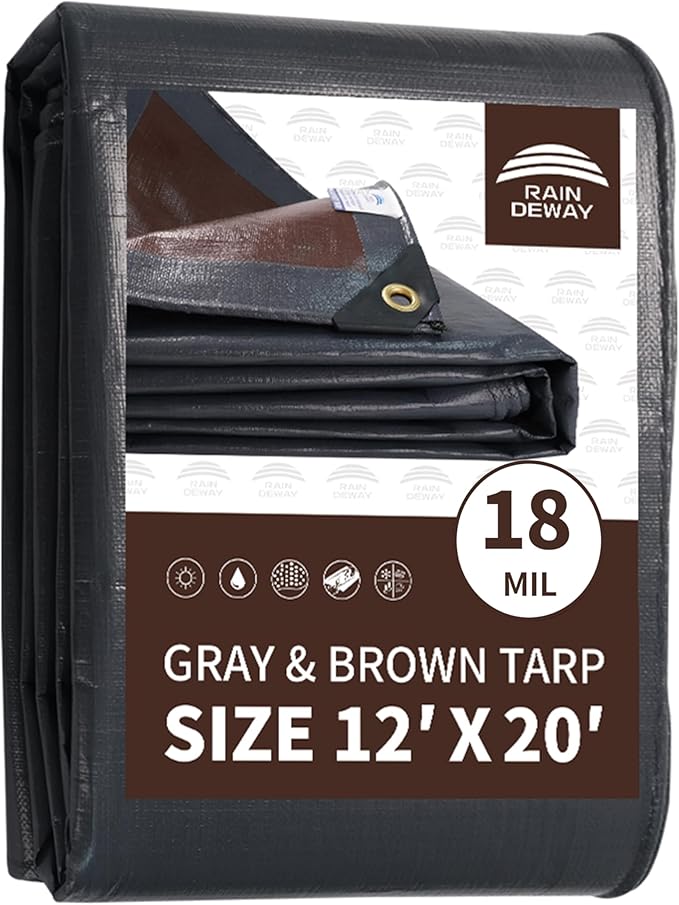 RAINDEWAY 12x20 Feet Super Heavy Duty Tarp, 18 Mil, UV Resistant, Weatherproof, Multipurpose Waterproof Poly Tarp with Grommets and Reinforced Edges, Gray/Brown