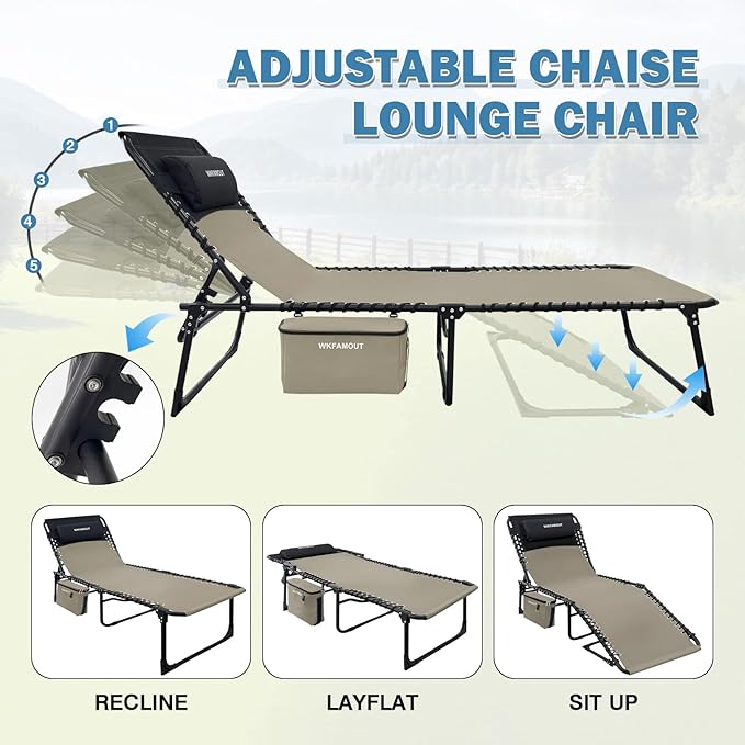 Folding Lounge Chair Outdoor with Insulated Cooler Bag Portable for Outside Patio Chaise Lounge Chair 5-Position with Pillow for Beach Sunbathing Pool Camping Lawn