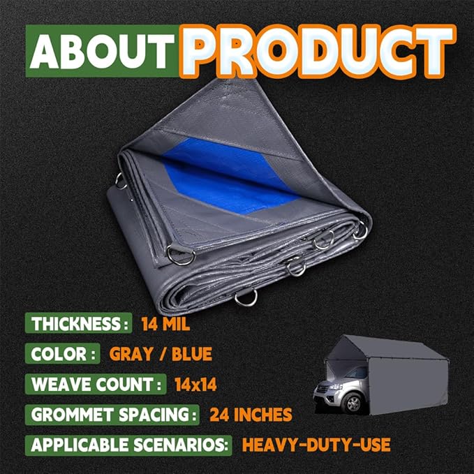 RAINDEWAY Tarps Heavy Duty Waterproof 6x8 Feet -14 Mils Super Heavy Duty Tarp with Metal Rings and Reinforced Corners and Edges, UV Resistant, Multipurpose Poly Tarp,Blue/Gray tarp