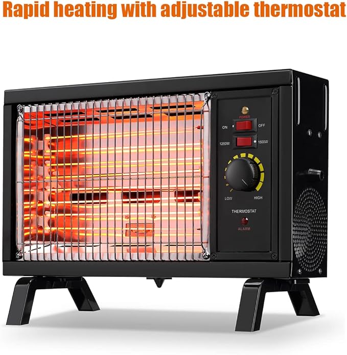 Homeleader ETL Portable Radiant Heater, 1250W/1500W Space Heater for Indoor Use, Rapid Heating with Adjustable Thermostat, Perfect for garages, Black