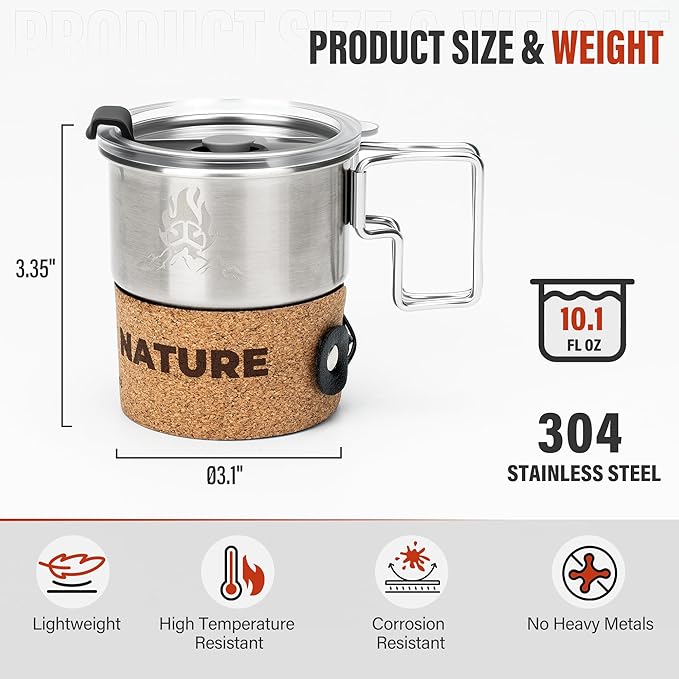 Alocs Camping Mug - Stainless Steel Travel Coffee Mug - Camping Coffee Mugs with Foldable Handle - 10 oz Camping Cup with Lids - Portable Travel Mug for Outdoor Backpacking Hiking Climbing Climbing